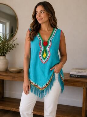 Somya Collection Turquoise Crochet Floral Tunic Top Fringe Boho Festival